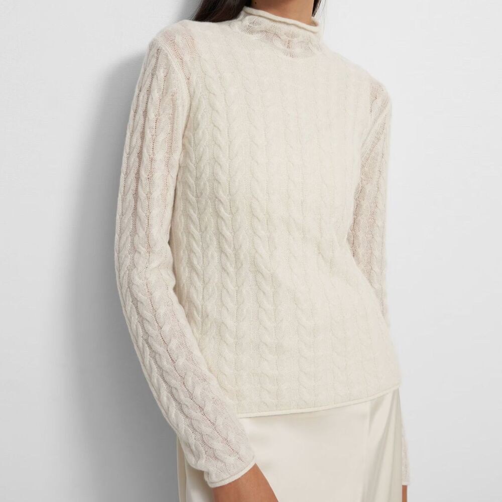 $295 Theory 100% Cashmere Cable-Knit Mock Neck Sweater in Cashmere Size M Cream